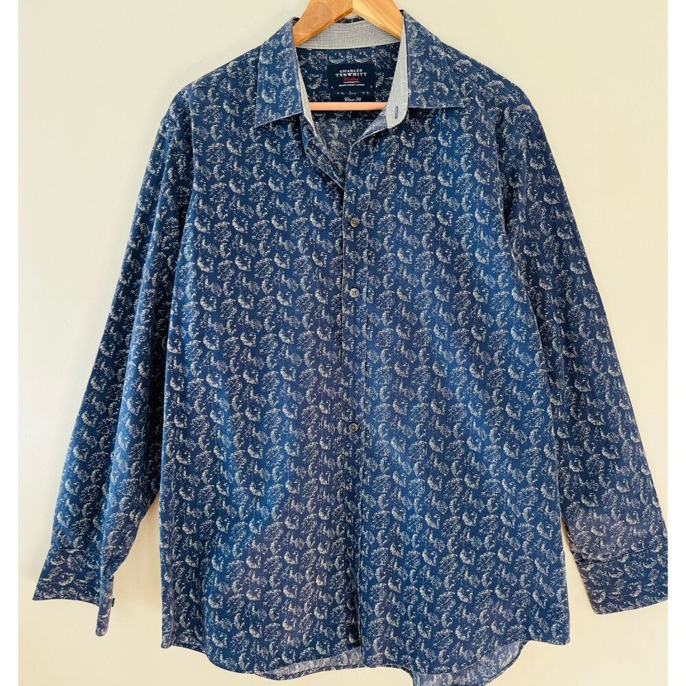 Charles Tyrwhitt Sz L Classic Fit Navy Cotton Leaves Print Button Down Shirt